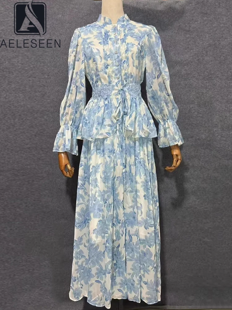 

AELESEEN Bohemian Long Party Dress Women Spring Autumn Full Flare Sleeve Flower Embroidery Sash Ruffles Printed Elegant Party