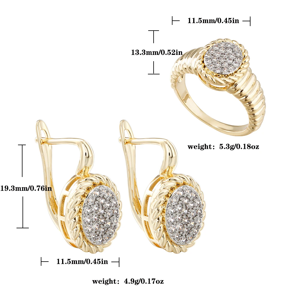 Ovale Ohrringe und Ring mit Diamantenbesatz, verkupfert, 14K vergoldet, modischer Schmuck, vielseitige Accessoires für den täglichen Gebrauch. – Detail 1