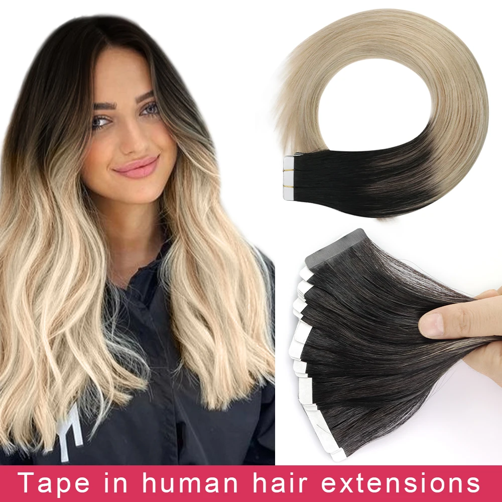 

Moresoo Human Hair Extensions Tape in Invisible Balayage Hair Extensions 50G Machine Remy Straight Tape in Natural Straight Hair