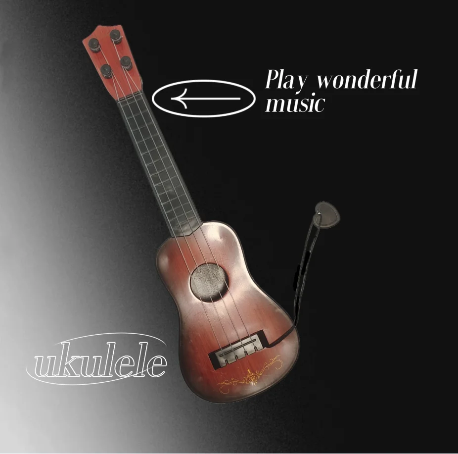 Miniatur-Ukulele-Kinder gitarre aus Holzmaserung mit vier Saiten und einem Pick zum frühen Lernen von Musik instrumenten