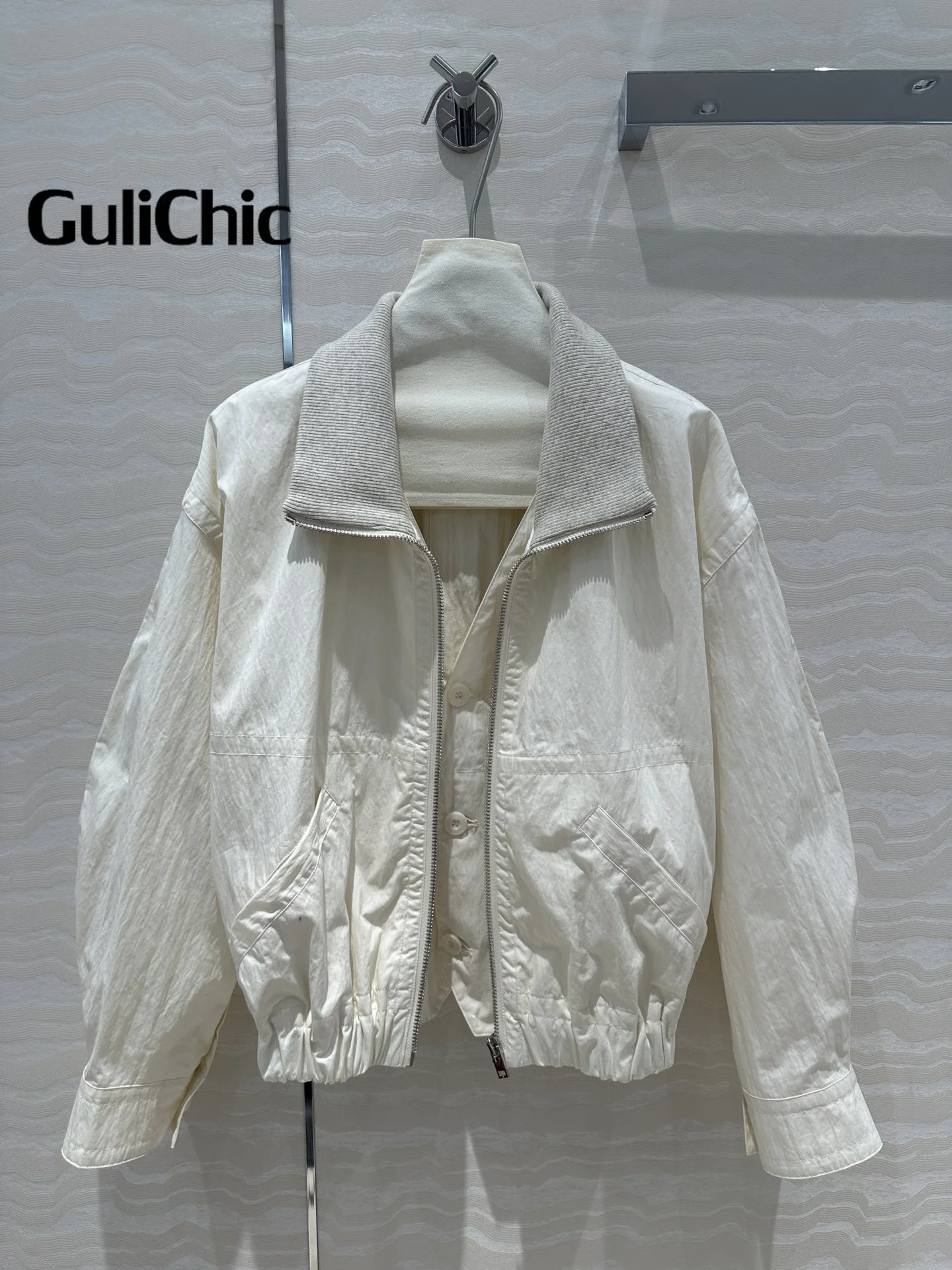 7.25 GuliChic Two-piece Jacket Vintage Ribbed Collar Spliced Fake Two Pieces Design Casual Fashion 2024 Fall New Outwear Women