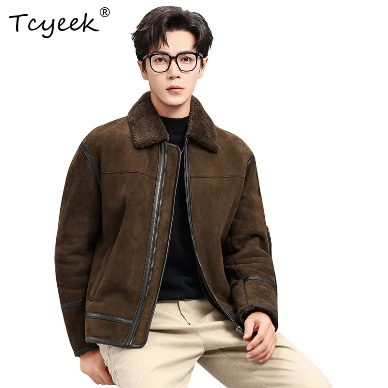 Tcyeek Fashion Genuine Leather and Fur Integrated Coat Men's Sheepskin Jacket Short Shearling Lapel Jacket Warm Fur Coat Jaqueta