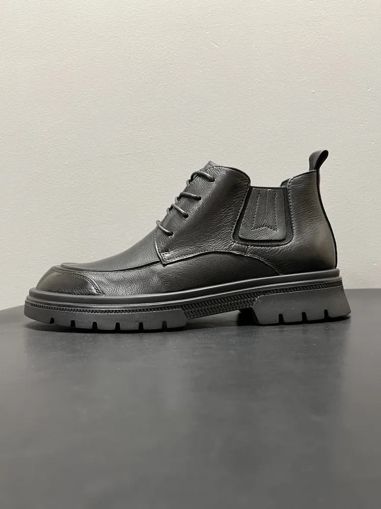 Male Designer Fashion Black Genuine Leather Round Toe Lace Up Hard Wearing Boots Cowhide Platform Mid Heel High Top Footwear