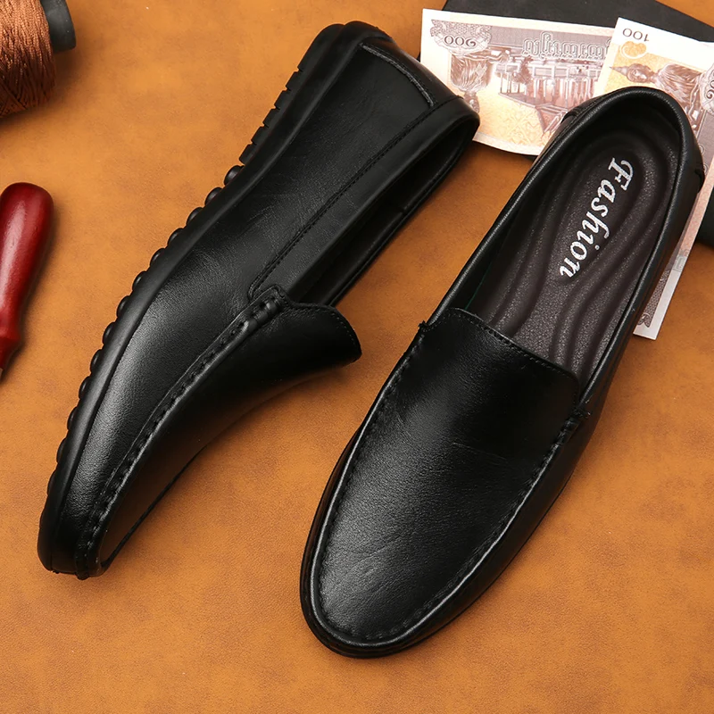 Spring Genuine Leather Men\'s Loafers Handmade Moccasins Casual Shoes Soft Sole Mens Business Flat Brown Minimalist Leather Shoes