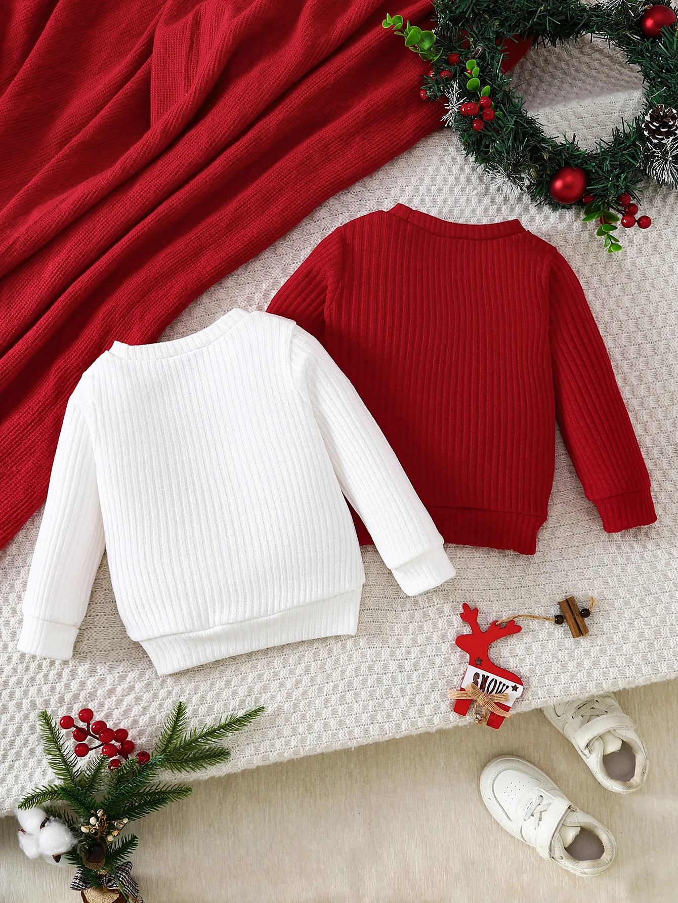 Baby 1M-18M Christmas Sweatshirt Santa Claus Light Print Waffle Knit Long Sleeve Tops Infant Boys Girls Xmas Pullover Clothes