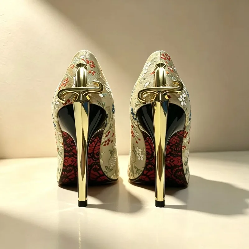 Zapatos de tacón alto con bordados florales y detalles dorados, para mujer, talla grande 43, ideales para fiestas y bodas, con tacón de aguja, elegantes y con punta afilada.