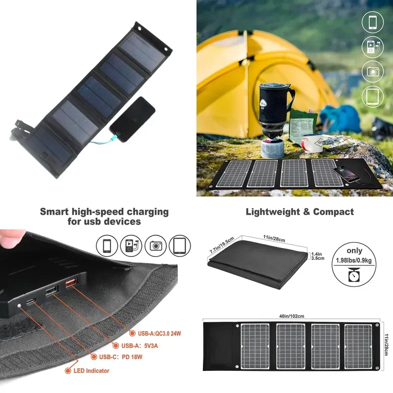 W 14W 21W 25W 30W 60W 80W Folding Solar Charger USB C PD 65W Laptop Power Bank Foldable Panel Hiking Backpacking Outdoor