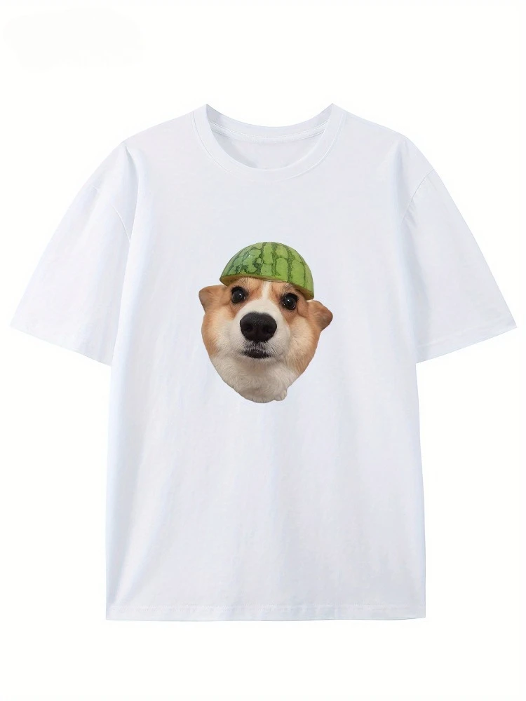 

Арбузная шляпа с головой корги, забавный и креативный дизайн, футболка с круглым вырезом, женская мода из чистого хлопка, топ с короткими рукавами в повседневном стиле