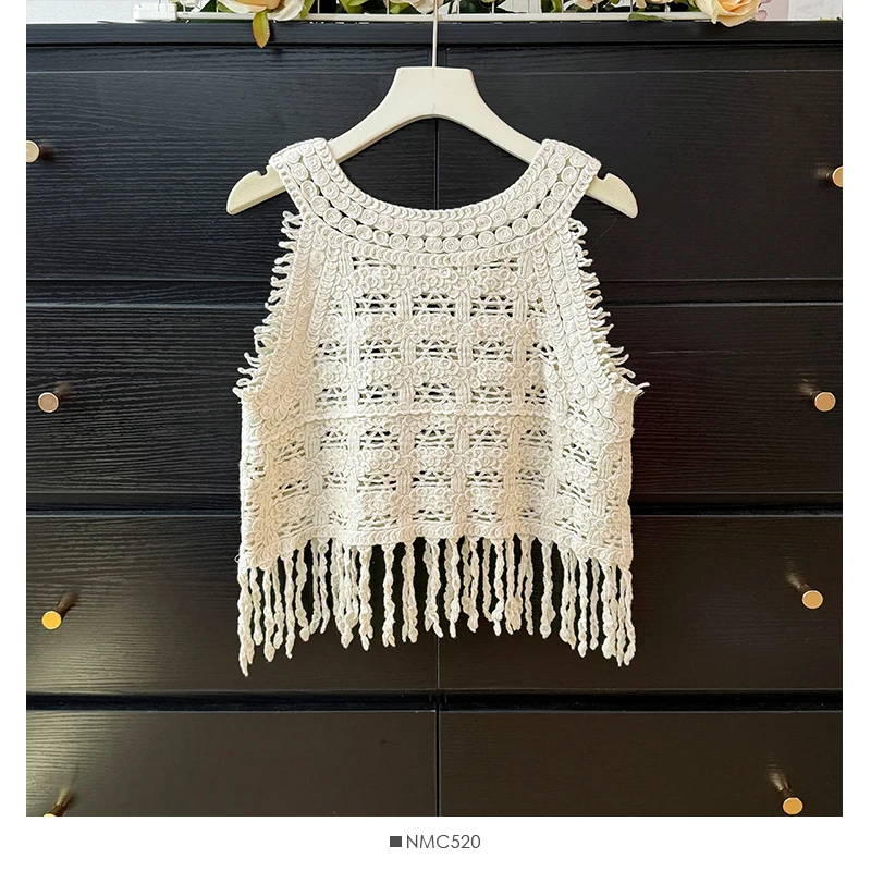 Women's Summer Bohemia Knit Vest Hollowed-out Crochet Tassel Crop Tops Vintage Sleeveless Short Vest