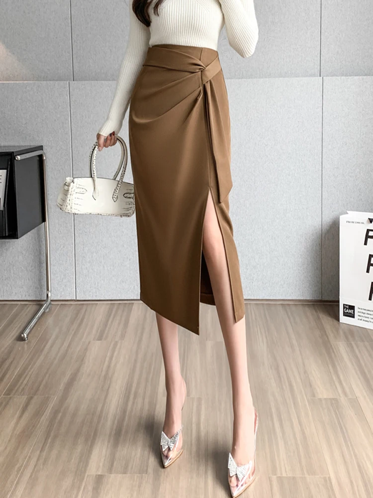 Gonna da abito asimmetrica a vita alta Gonna da donna primavera autunno Design Sense Cravatta a vita alta aderente Midi Gonna a un passo divisa