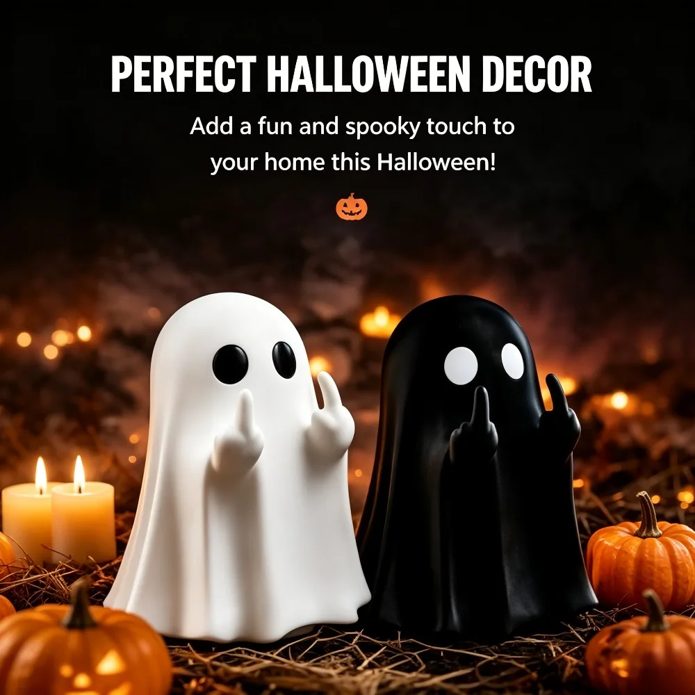 1PC Middle Finger Ghost Statue, 7.5cm Halloween Ghost Figurine, Funny Rude Ghost Decor, Spooky Halloween Decoration for Home, Office, Desk, Shelf, Party, Haunted House, Trick or Treat