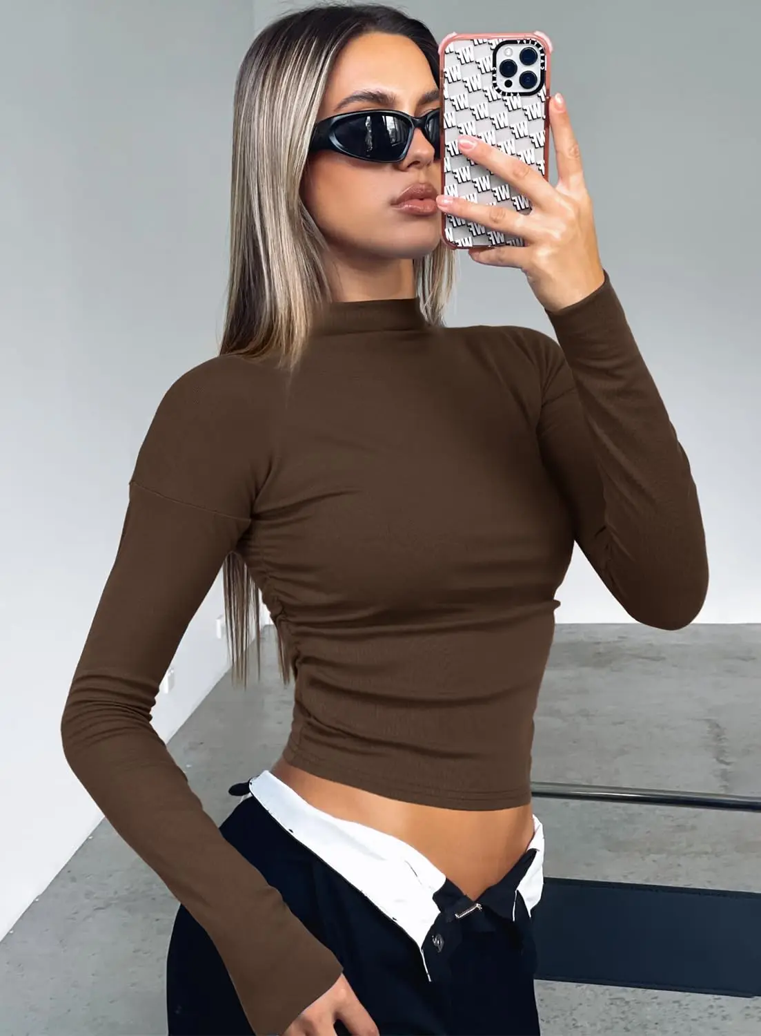 Women Fleece Long Sleeve Tops Fall Winter Slim Fit Thermal Underwear Tops Warm Bottoming Shirt Solid Color Ruched Mock Neck Tee