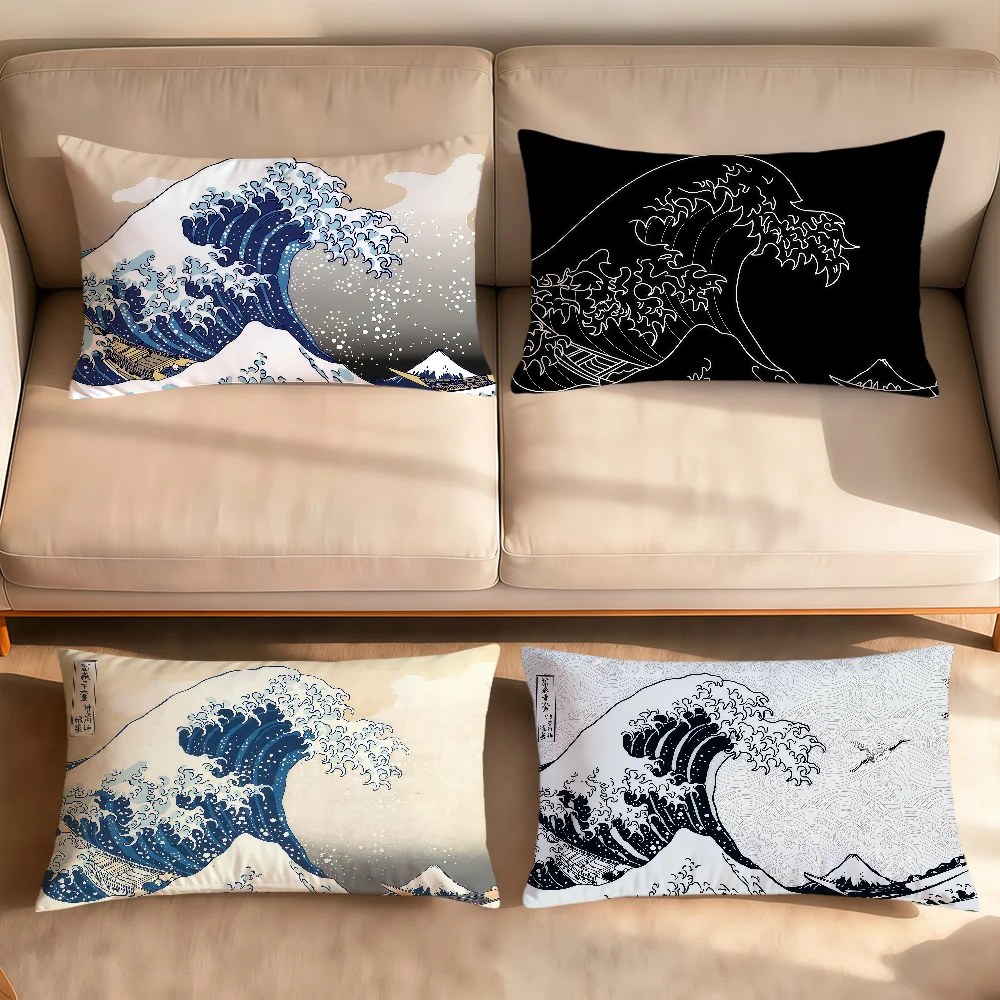 Great Wave Off Kanagawa Black White Gray Rectangle Pillowcover Home Sofa Living Room Dorm Bedside Hogar Pillowcase Party Gift