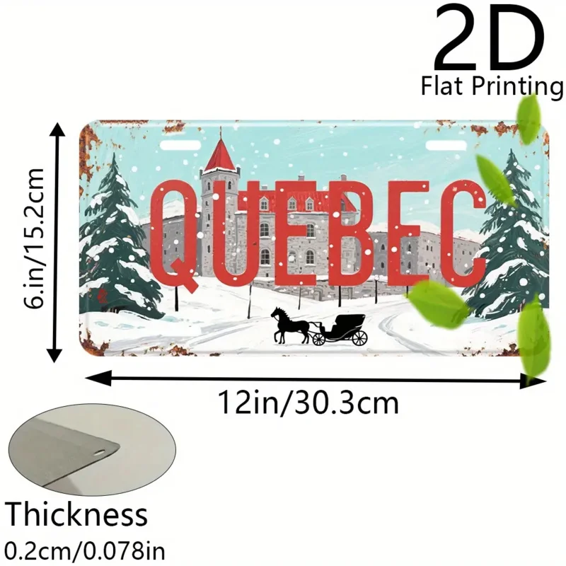 مسطح ثنائي الأبعاد، قطعة واحدة من لوحة ترخيص عتيقة بطابع كيبيك - مشهد شتوي ريترو كيبيك مع حروف كوبيك حمراء جريئة #2