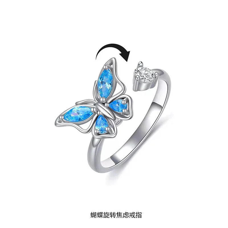 Rotating Freely Blue Butterfly Spinner Ring Relaxing Stress Anxiety Fidget Jewelry Girls Valentine's Day Rings Gifts Accessories