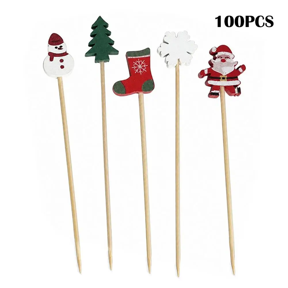 100pcs Festive Cocktail Picks and Appetizer Skewers 12cm Wooden Bamboo Food Picks with 3D Santa Snowflakes and Trees