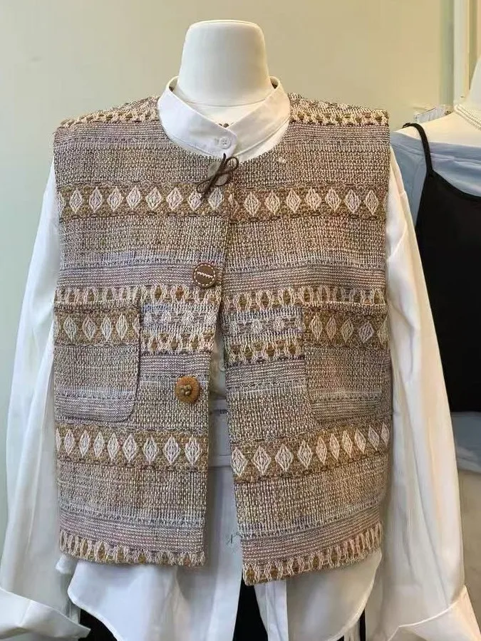 

Retro Korean Sle Women's round Ne Vest Single Button Ele Chic Fraance Sle Faionable Autumn Winter New Arrival