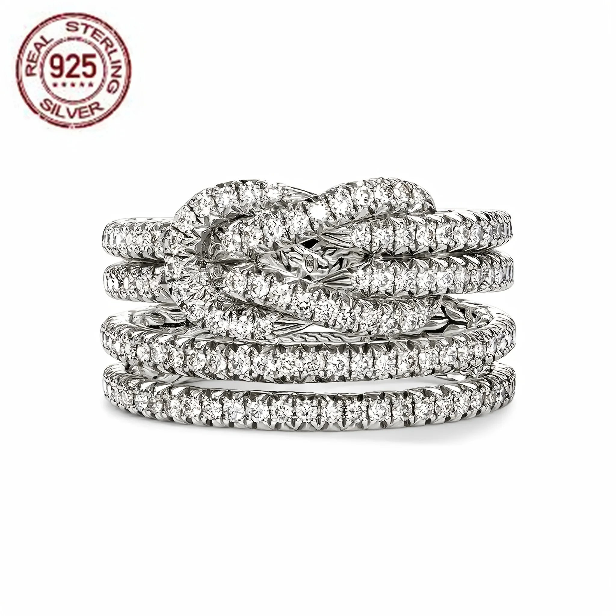 Fashion Vintage 925 Silver Ring Creative Twisted Bowknot Plating Platinum Micro Set Zircon Women Wedding Banquet Fine Jewelry