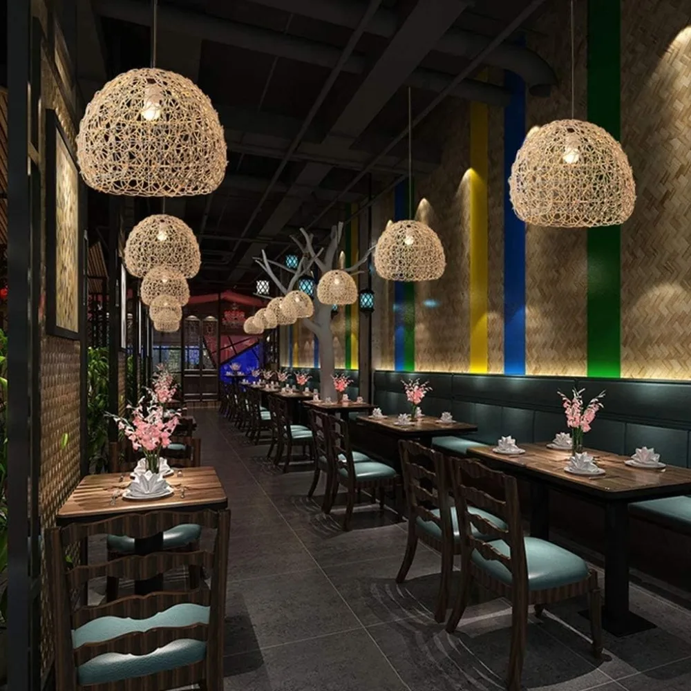 25/36/50cm Vintage Chandeliers Handmade Rattan Woven Lampshade Adjustable Hanging Lamps Industrial Retro for Living Room Kitchen