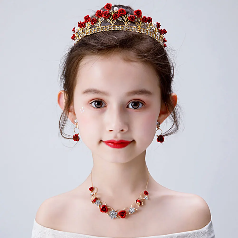 

Kids Crown Headband Rhinestone Necklace Earring Set for Birthday Wedding Party Girls Child Rose Jewelry Accessories