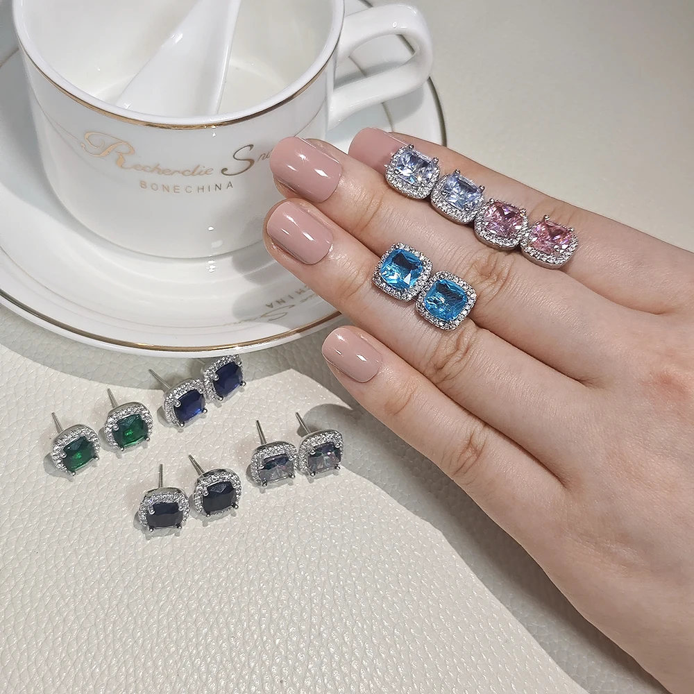Moonso Arrival Pink Sykblue Silver Color Earring Two Gift Zircon Stud Earring Earings Brinco for Women Jewelry Wedding E1097 image 5