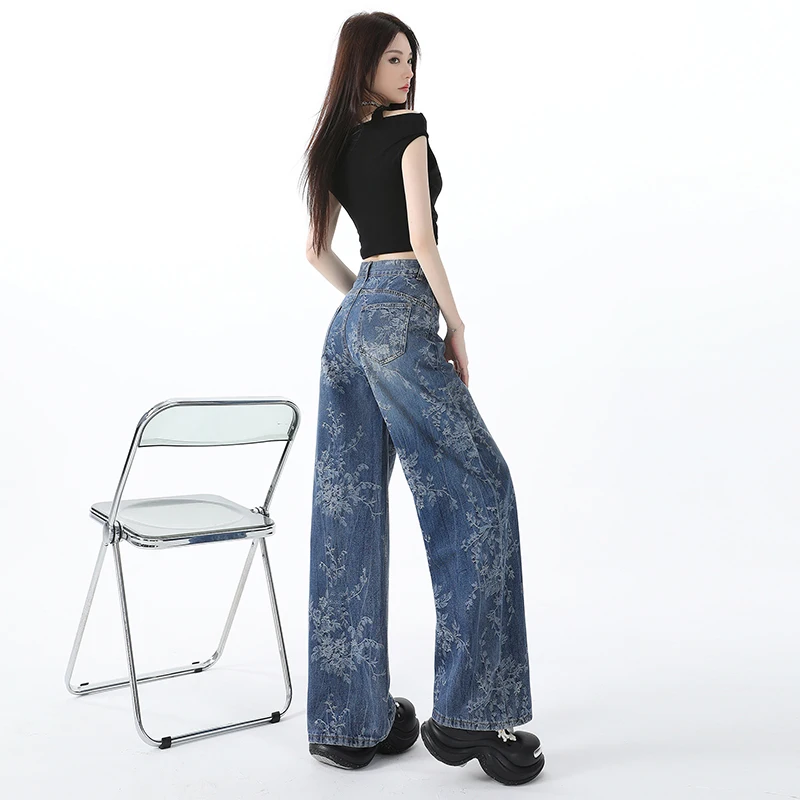 女性用ブルーのジャカードジーンズ、ゆったりとしたワイドレッグパンツ、レトロなストレートレッグパンツ