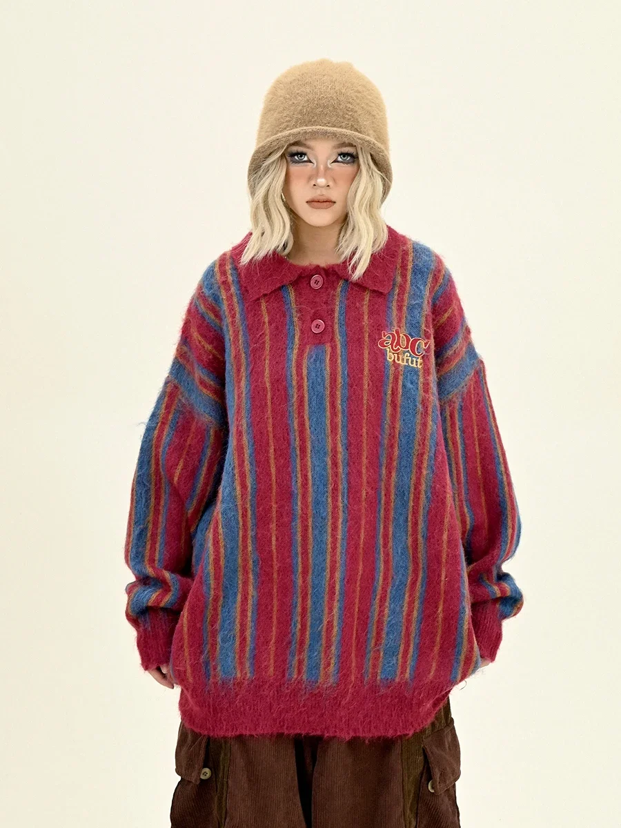 Soft Waxy Striped Sweaters Women's 2024 Winter New Loose Bf American Atmosphere Knitting