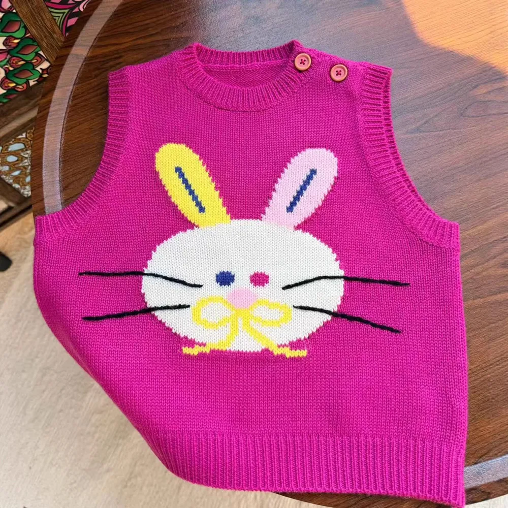 

spring kids girls clothes baby sweaters boy tops wool blend cartoon animal pattern Knitted vest Cute style casual vest