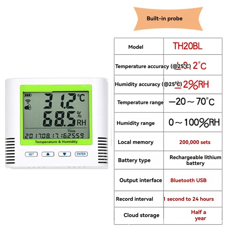 TH20BL بلوتوث مسجل درجة الحرارة والرطوبة درجة الحرارة الجوية ومقياس الرطوبة مع مسبار مدمج-ABJU