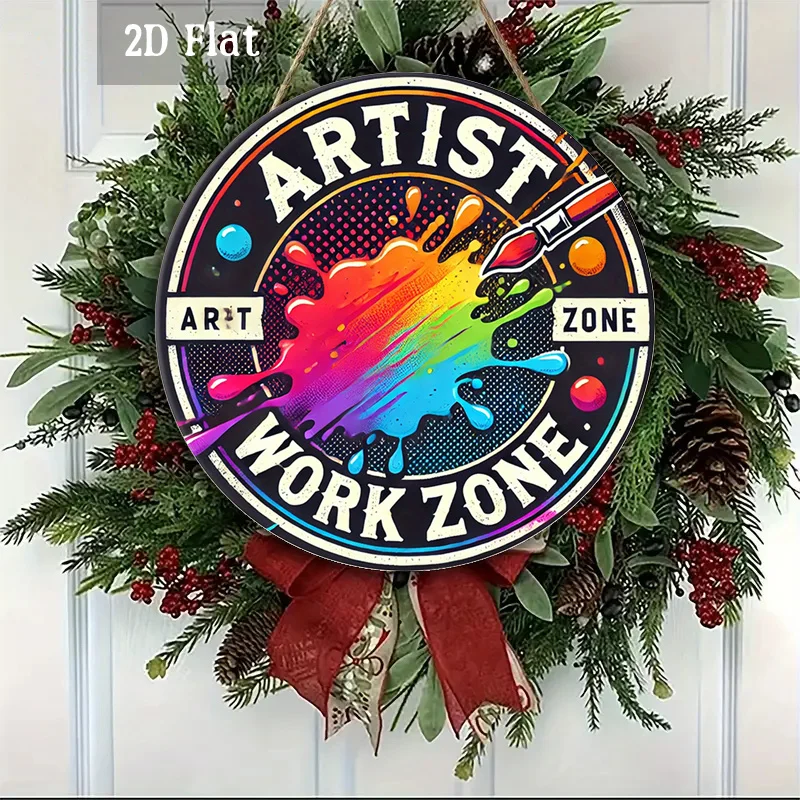 2D Flat, 1pc Artist Work Zone Woodblock Printing Wall Art - Colorful Paint Splatter Wood Panel Round Retro Studio Sign Suitable