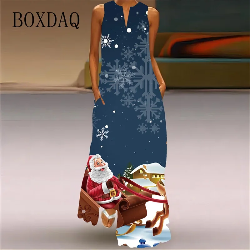 Casual Christmas Party Women Long Dress Elegant Sexy V-neck Sleeveless Cartoon Santa Claus Print Maxi Dress Ladies Spring Summer