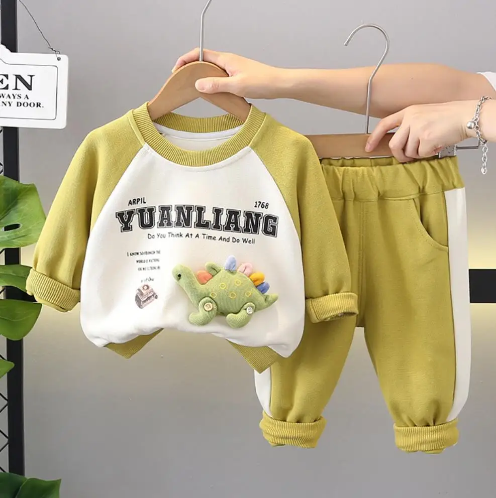 

Toddler Infant Designer Outfits 1 To 2 Years Autumn Cartoon Sports Tracksuits Cute Dinosaur Sweatshirt and Pant Kids Clothes Set