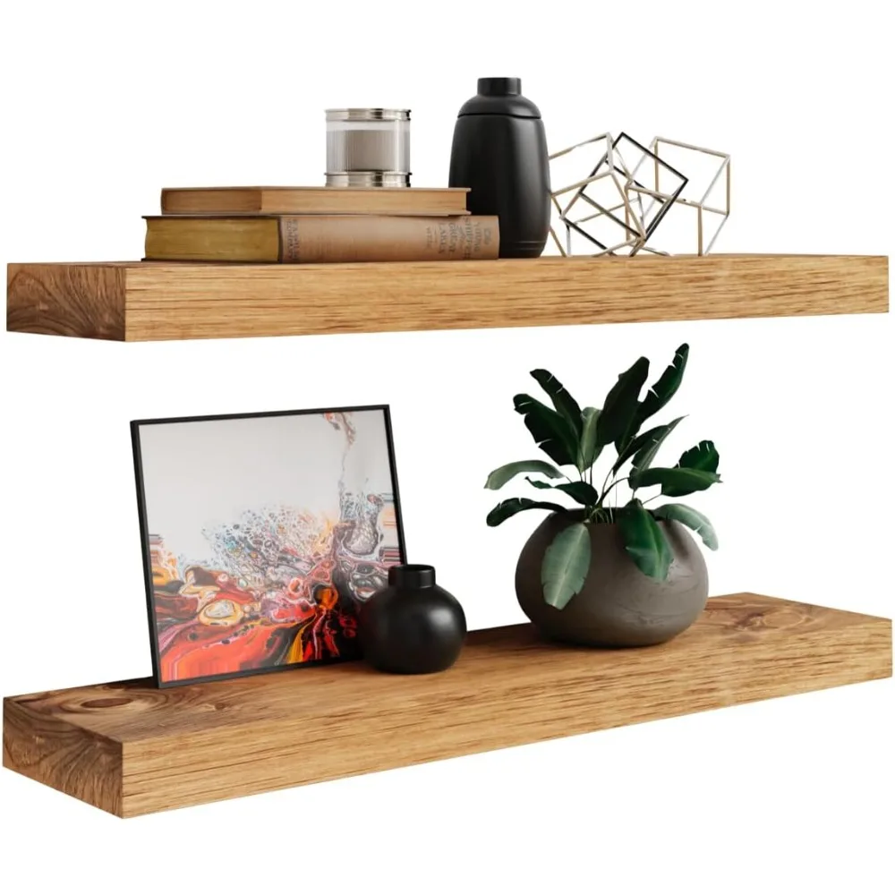 

Floating Wall Shelves Set of 2 - Functional & Rustic Wooden Shelve for Home Furnishing, Bathroom, Kitchen, & Farmhouse