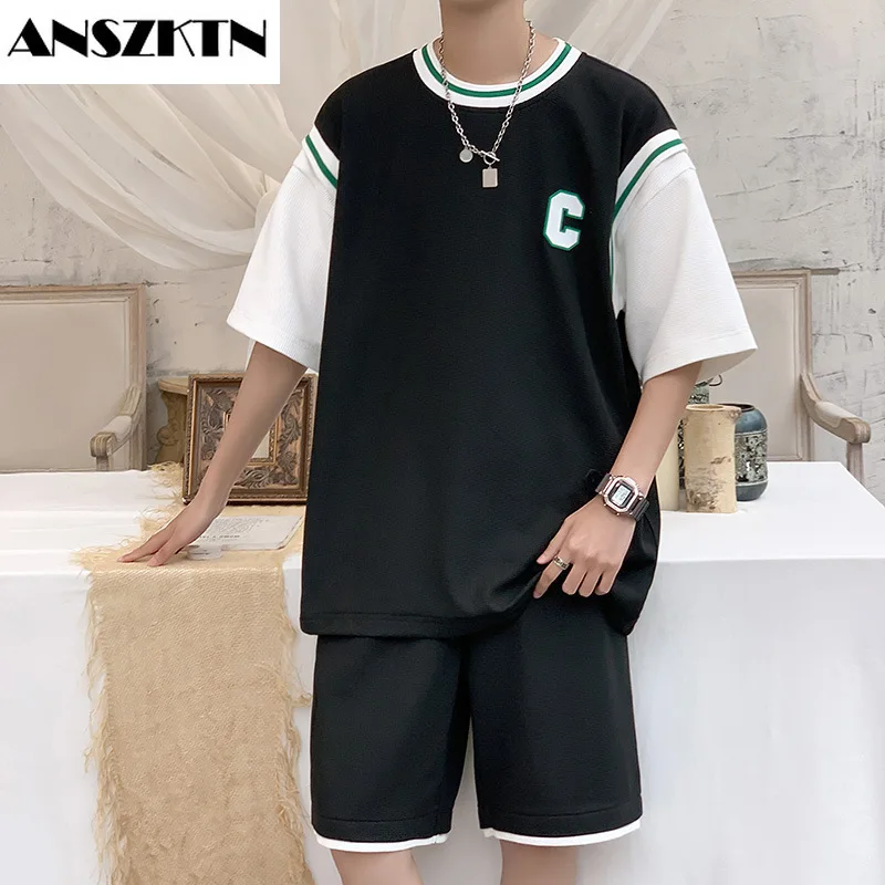 

ANSZKTN Men's Waffle T-shirt short sleeves shorts fake two-piece set summer loose tide brand casual sports Harbor style