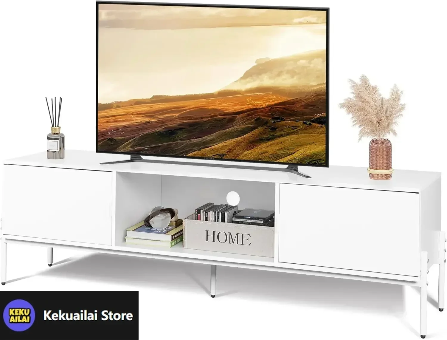 

Modern TV Stand for 65 Inch TV, Mid Century Entainment Center with Storage, TV Cabinet with Metal Legs, White