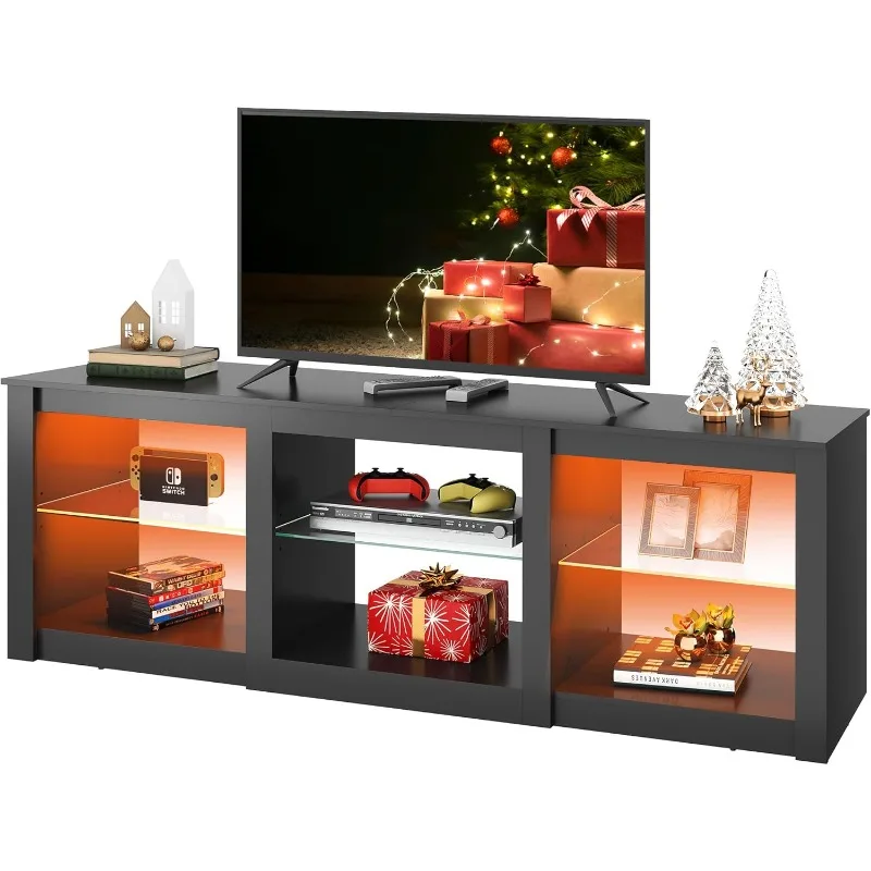 LED TV Stand for 65-Inch TV, 58-Inch Entertainment Center with Adjustable Glass Shelves, Modern Media Console for Living Room