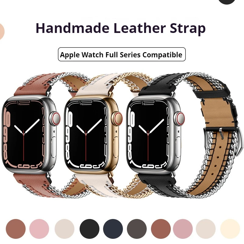 

Leather Strap for Apple Watch Band Ultra3/2 49mm Hand Sewn Chain Bracelet Band 11 10 9 8 7 6 5 SE 46mm 45mm 44mm 42mm 41mm 40mm