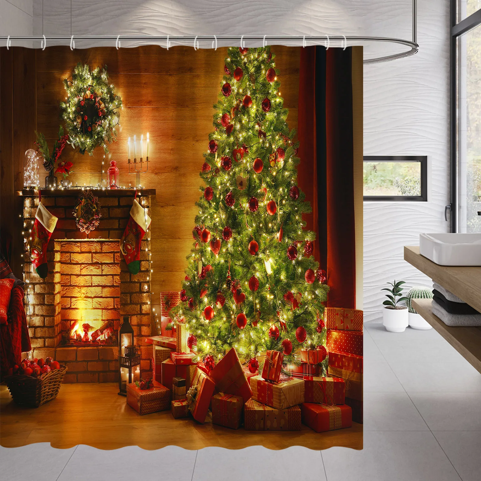 

Xmas Decorative Shower Curtains Fireplace Christmas Tree Winter New Year Gift Bathroom Decor Fabric Bath Curtian Hanging Wall