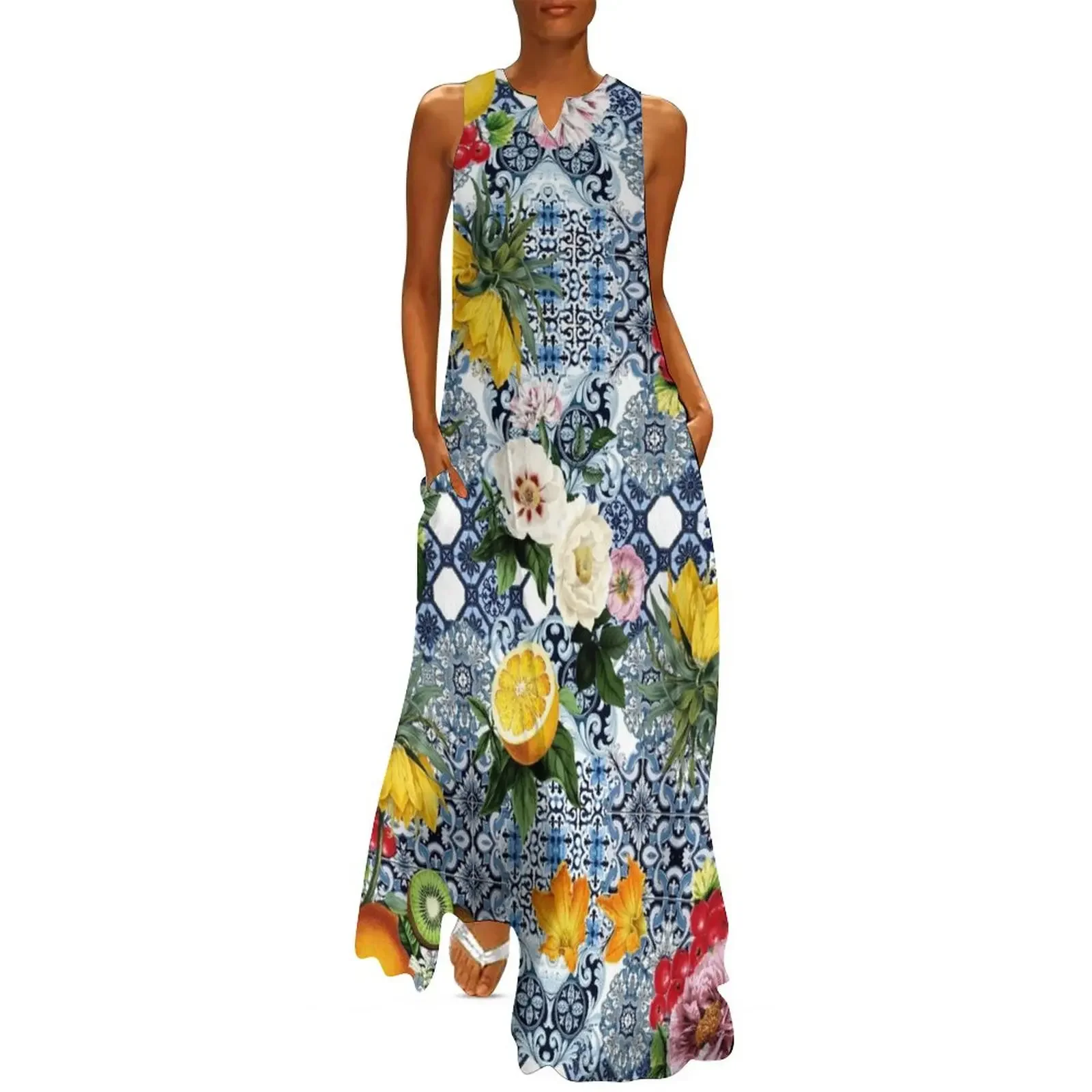 

Sicilian summer romantic tiles flowers and lemon fruits pattern cottagecore Long Dress sexy dress for women Dress