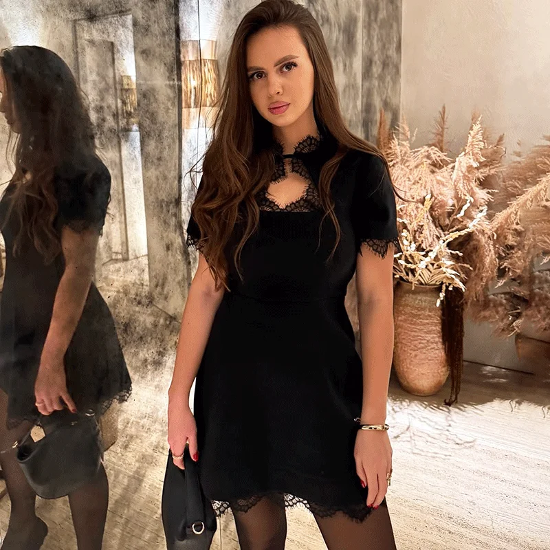 

Ticketsx Vintage Hollow Out Mini Dress Elegant Women Lace Patchwork High Waist Slim Dresses Fashion Commuter Streetwear Dresses