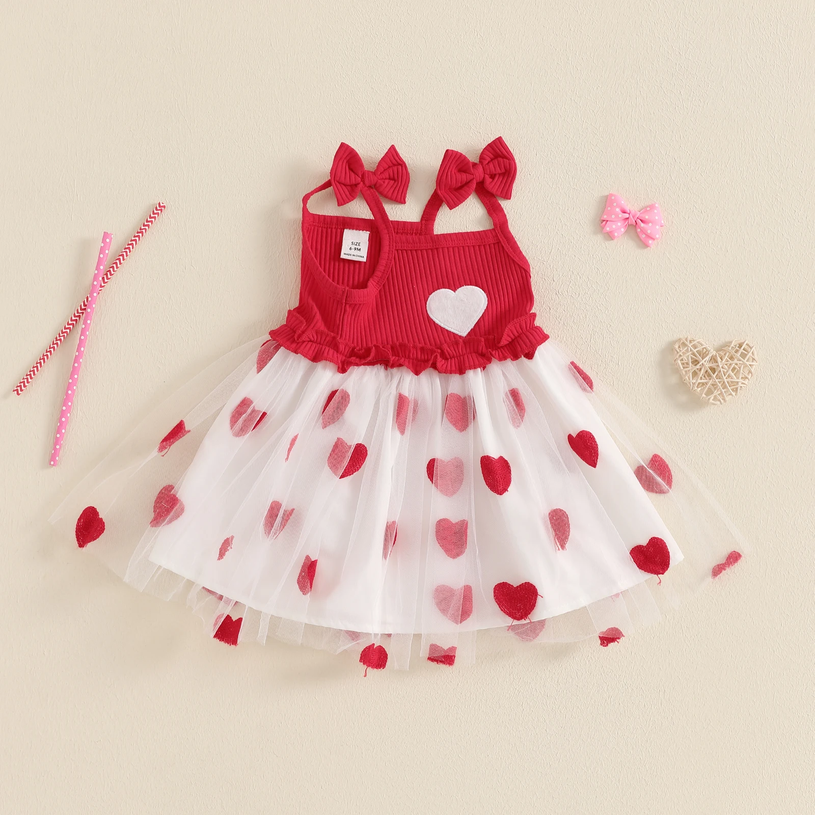 Summer Mesh Baby Girls Sleeveless Dress Princess Heart Embroidery Square Neck Tulle Children Dress Valentines Day Clothes