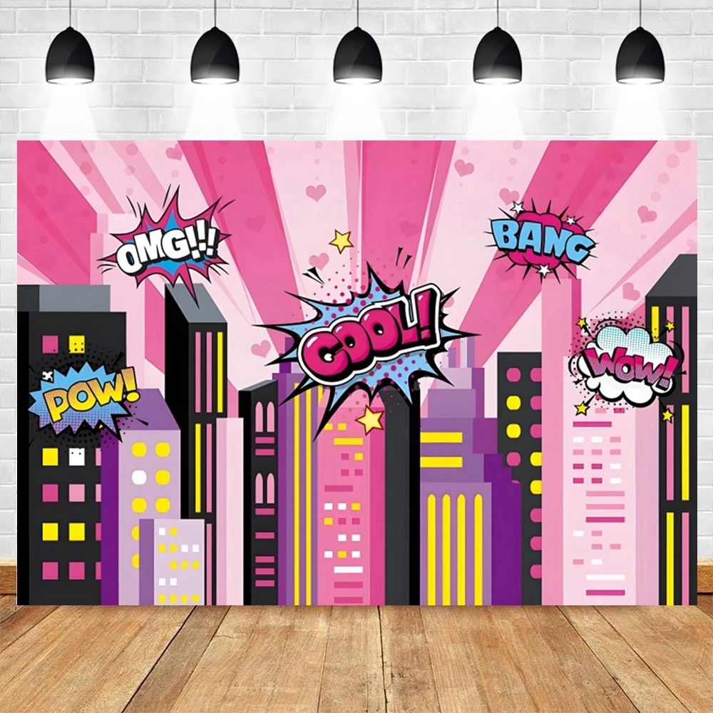 Superhero Comics Birthday Backdrop For Kids City Building Boom Super Hero Party Baby Shower Photo Background Photography Props