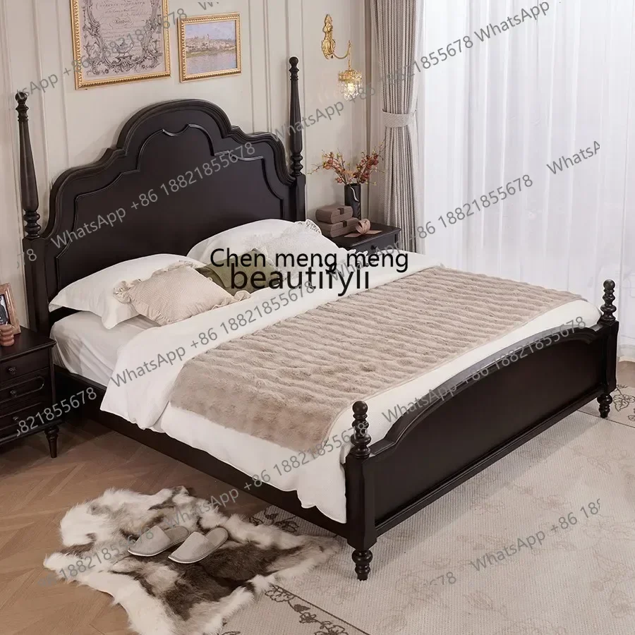 Medieval Style Solid Wood Double Bed American Roman Column Bed Black High-end French Style