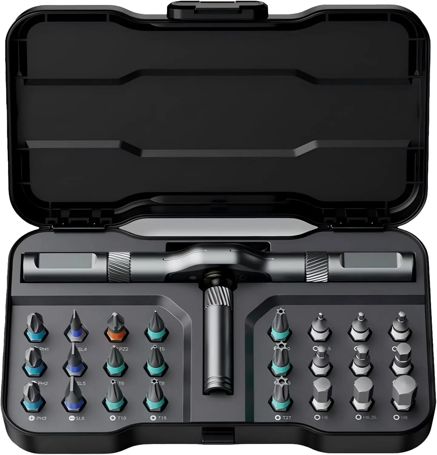 

24 in 1 Magnetic Ratchet Screwdriver Set, Mini Bit Driver Kit with Reversible T-Handle, 40-Tooth Multi-Bit Tool for Tight Spaces, Furniture Assembly, Bike Repair & EDC