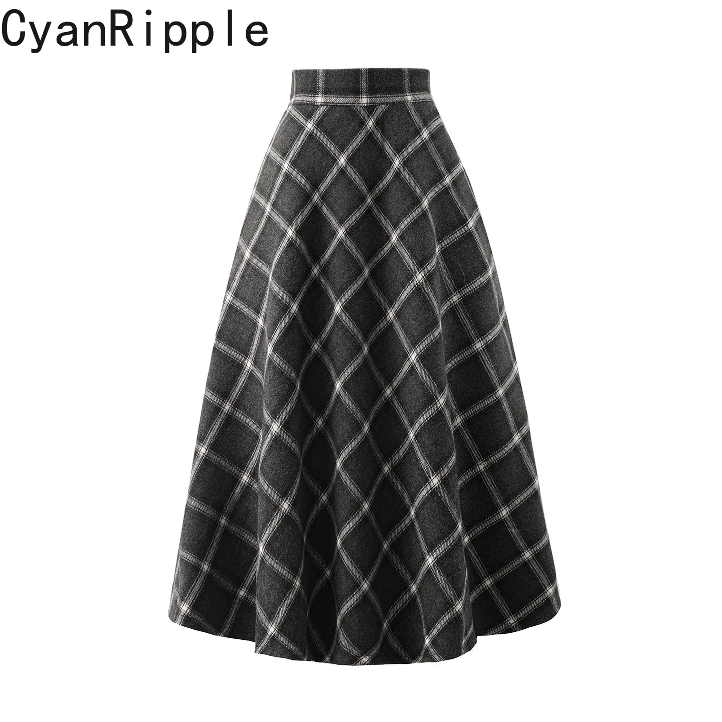 High Quality Vintage Gray Plaid Women Woolen Skirt All-match New Autumn Winter Elegant High Waist A-line Umbrella Skirt Casual