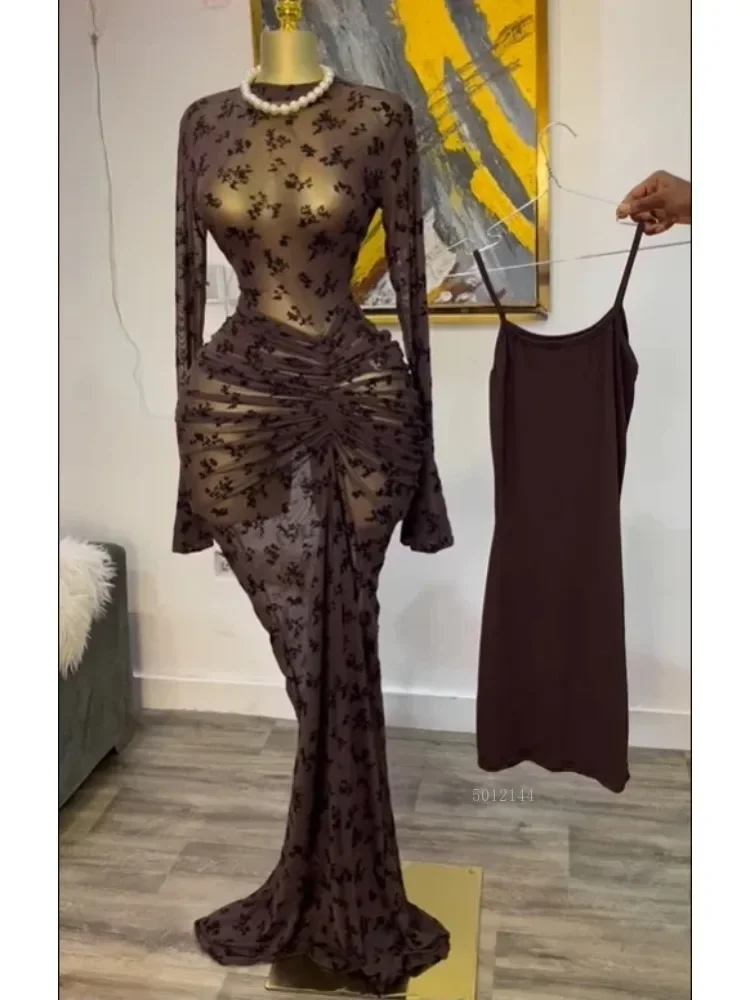 

Women's Long Sleeve Ruched Mesh Dress with Lining, Elegant Bodycon, Evening, Birthday, Sexy Party Dresses, Fall, 2022