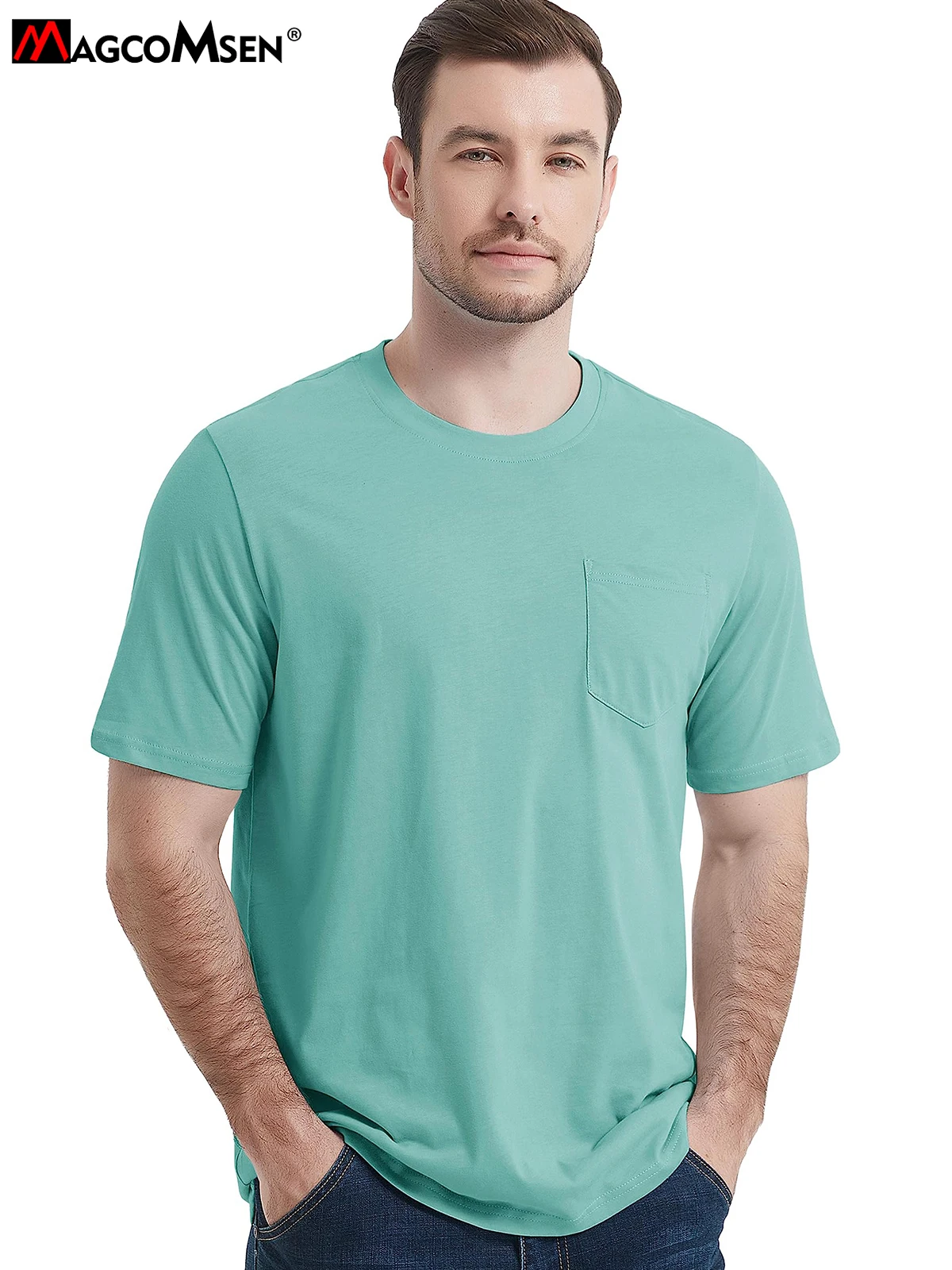 MAGCOMSEN Cotton Crew Neck Shirt Men's Casual T-shirt with Chest Pocket Moisture Wicking Short Sleeve Shirt Soft Daily Top