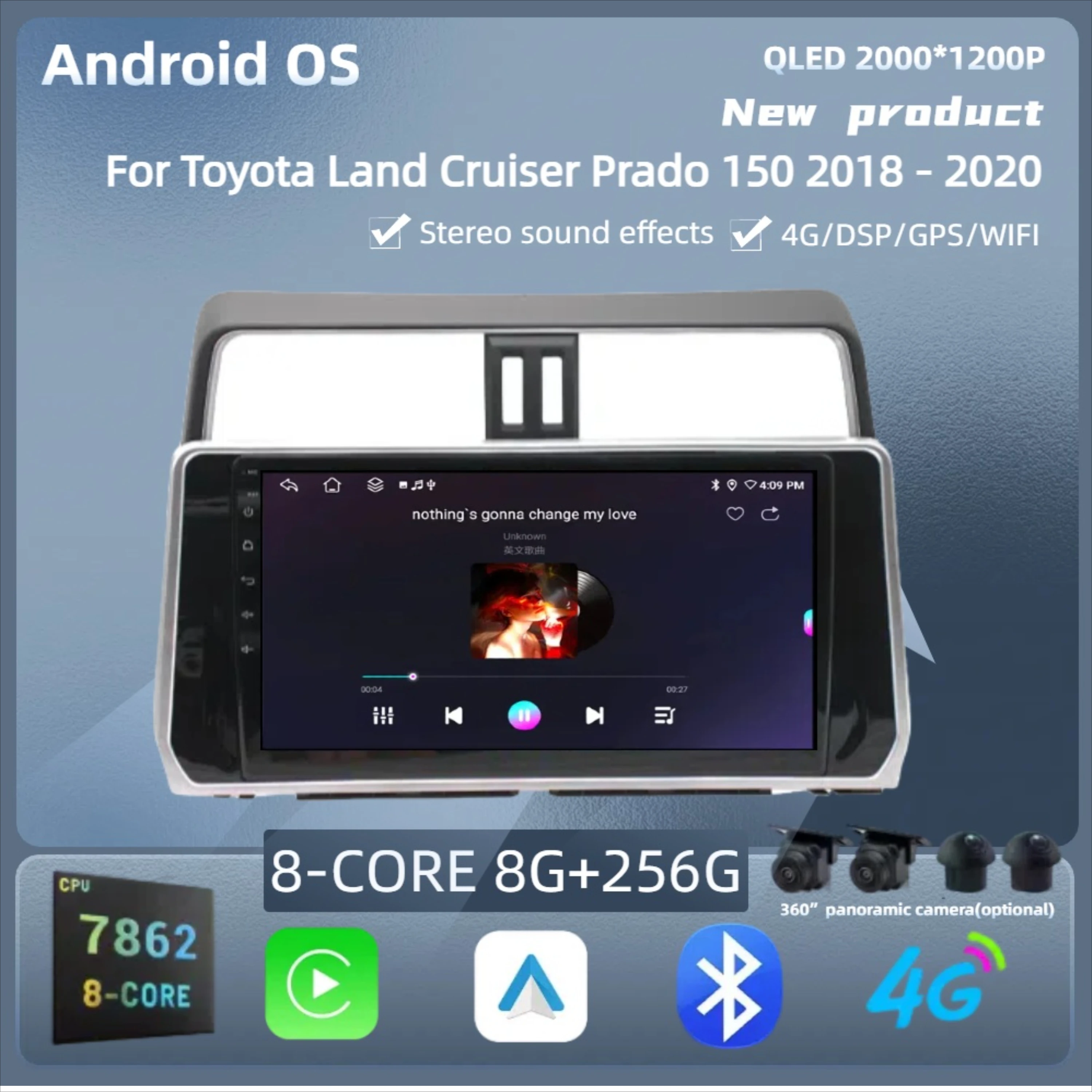 

For Toyota Land Cruiser Prado 150 2018 - 2020 Android 14 Radio Car Wireless Bluetooth Carplay 7862S 8G 256G 2K QLED Screen