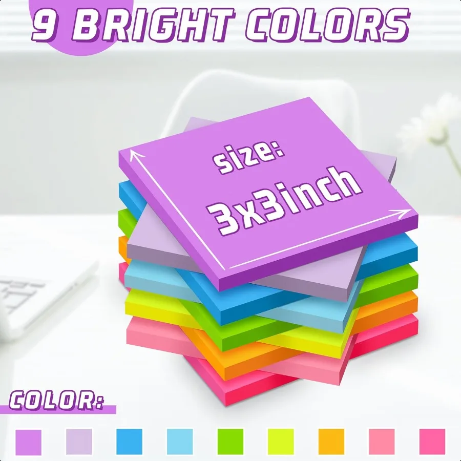 36 Pack Sticky Notes 3x3 in Post 9 Bright Colors SelfStick Note Pads it Strong Adhesive Easy to Post for Home Office Notebook