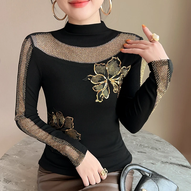 MadBlack-Women European T-Shirt, Sexy Mock Neck Embroidery Diamond, Retro Long Sleeve Slim S-3XL Knit Tee, 2026 Autumn T6O801CC